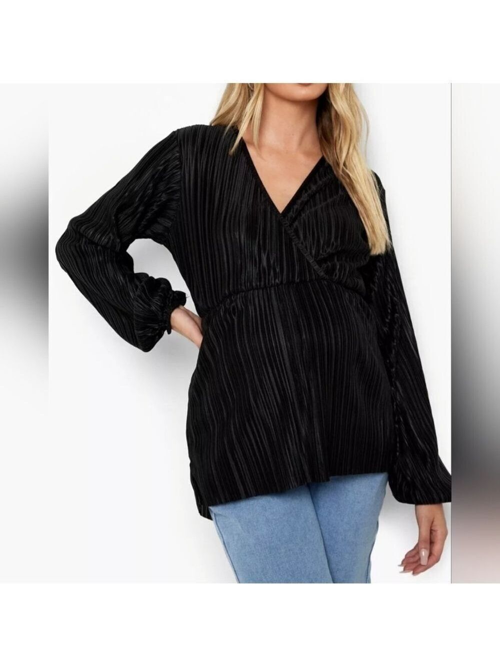 Boohoo Maternity Plisse Black Puff Sleeve Wrap Top Size 6 - New With Tags